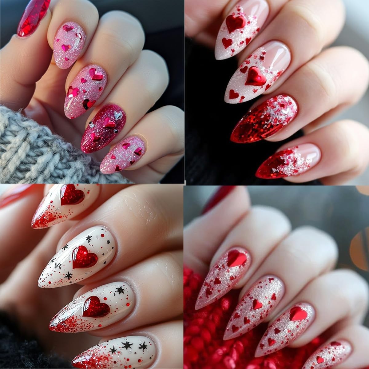 4 Sheets Valentines Nail Stickers 3D Self-Adhesive Pink Red Heart Nail Art St…