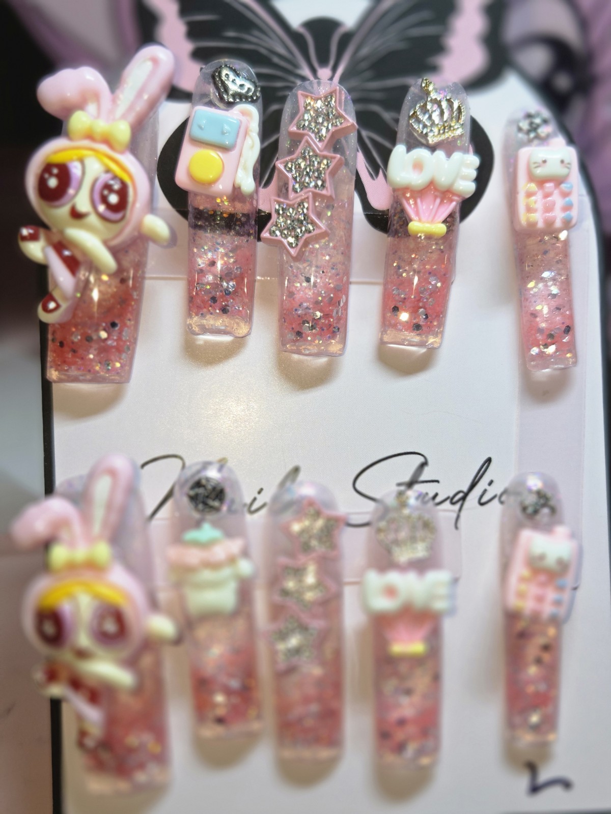 Press On Nails Handmade Large 10finger Water Aqua Nail, Pink Powerpuff Girls
