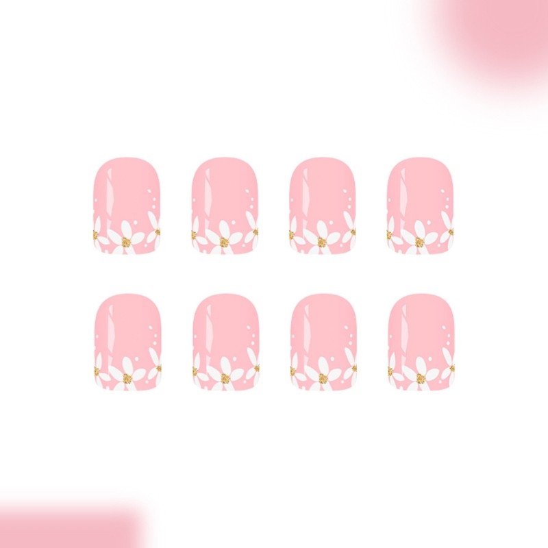 Short Square Artificial Nail 24Pcs Sparkling Floral Design Plastic Material