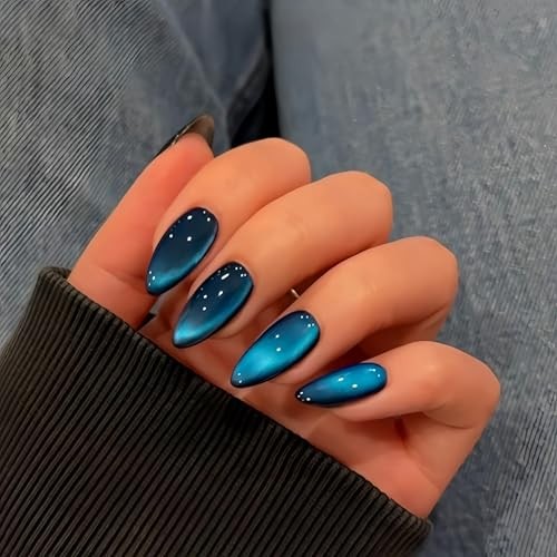 Cat Eye Press on Nails Almond, Glitter Dark Blue Fake cateye almond black blue