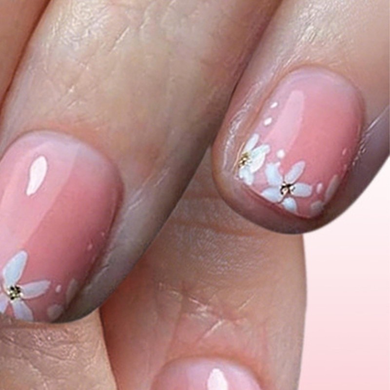 Short Square Artificial Nail 24Pcs Sparkling Floral Design Plastic Material