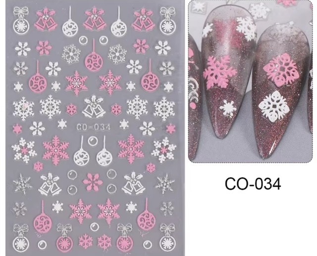 Nail Art Stickers CUTE ASSORTED EMBOSSED BELLS & BAUBLES PINK & WHITE C0-034
