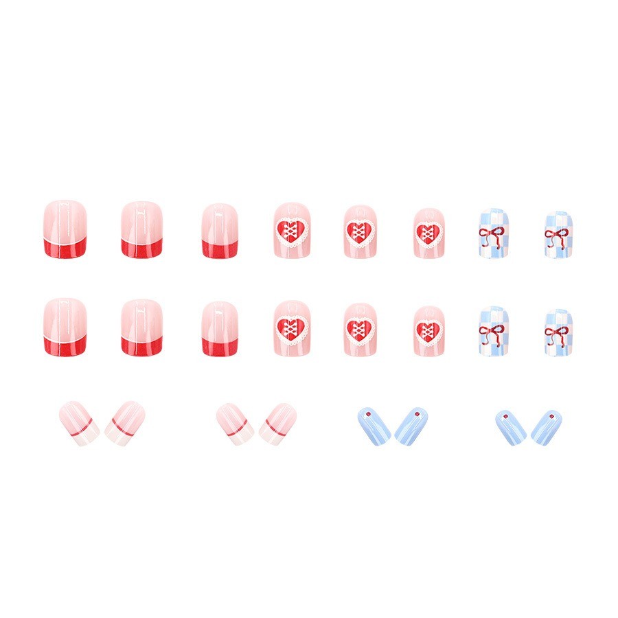 48 Pcs Blue Pink Heart Press on Nails, Short Square Cute French False Nails