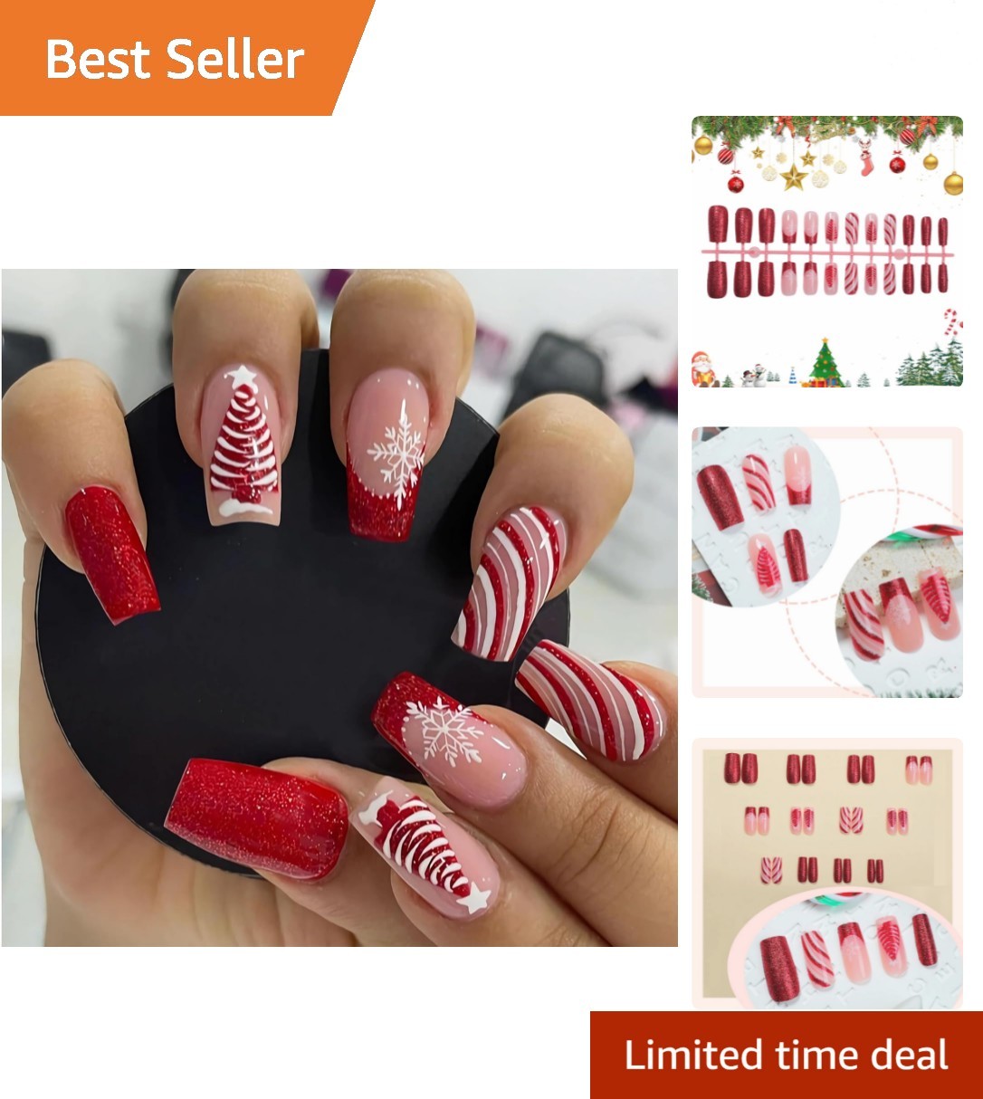 Holiday Acrylic Nails: Custom 24Pcs Red French Glitter & Snowflake Design