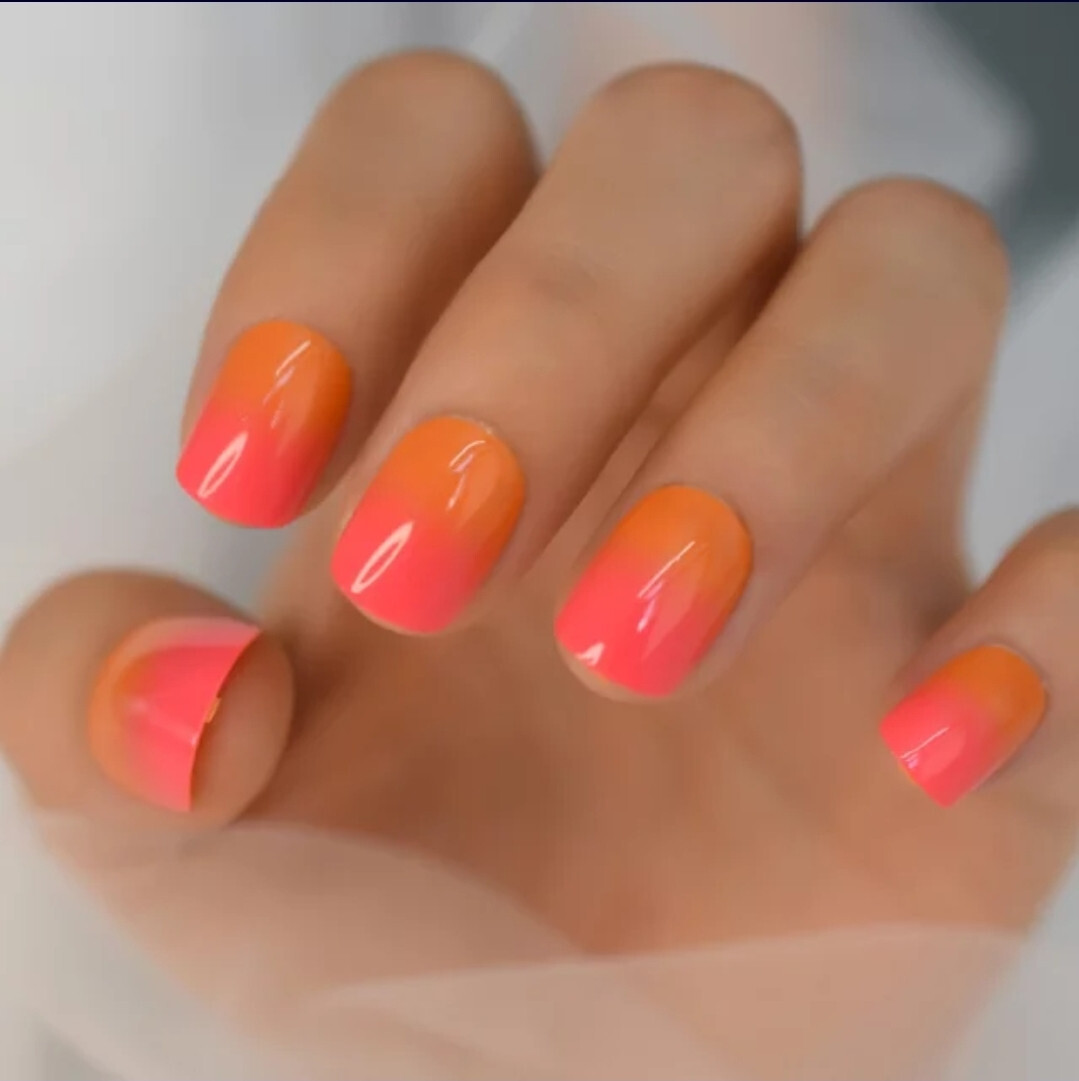 24 Short press on nails kit w glue orange sunset ombre neon bright