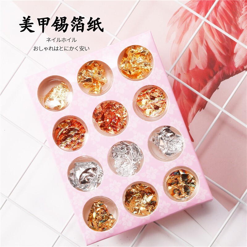 12pcs Mixed Colors Nail Art Metal Foil Paper Set 3D Sticker Flake Decal Decor