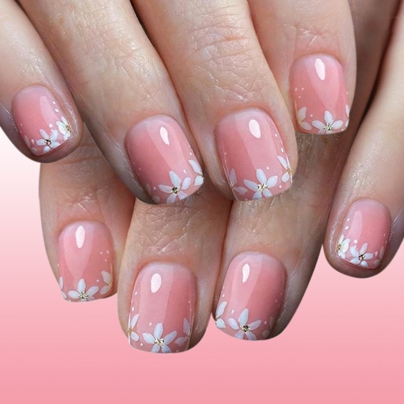 Short Square Artificial Nail 24Pcs Sparkling Floral Design Plastic Material