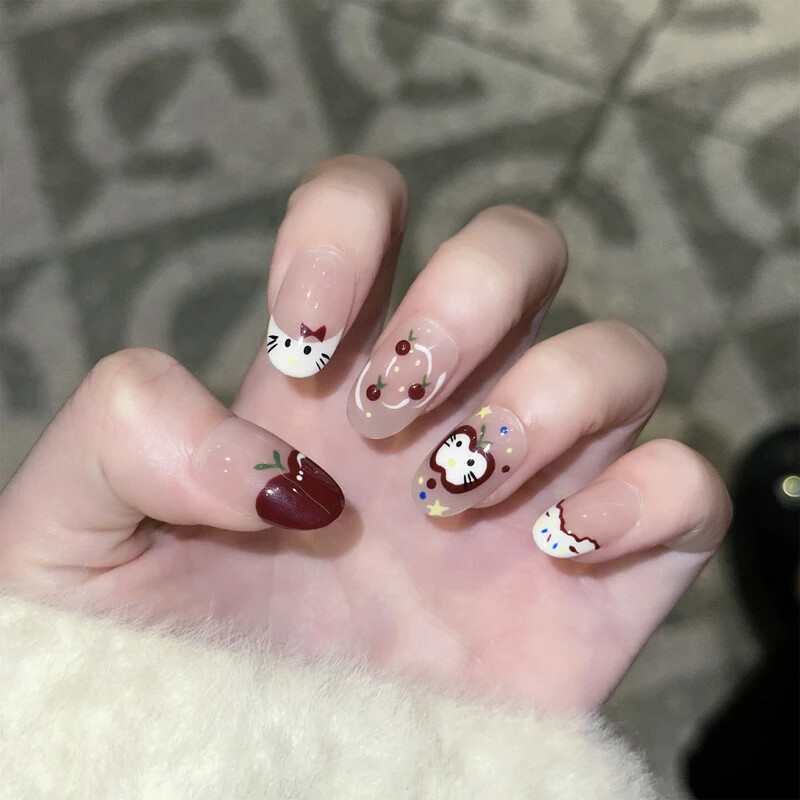 Handmade French Handpainted Cute Animal 3D Bow Fake Nail Short Press On Nail Set