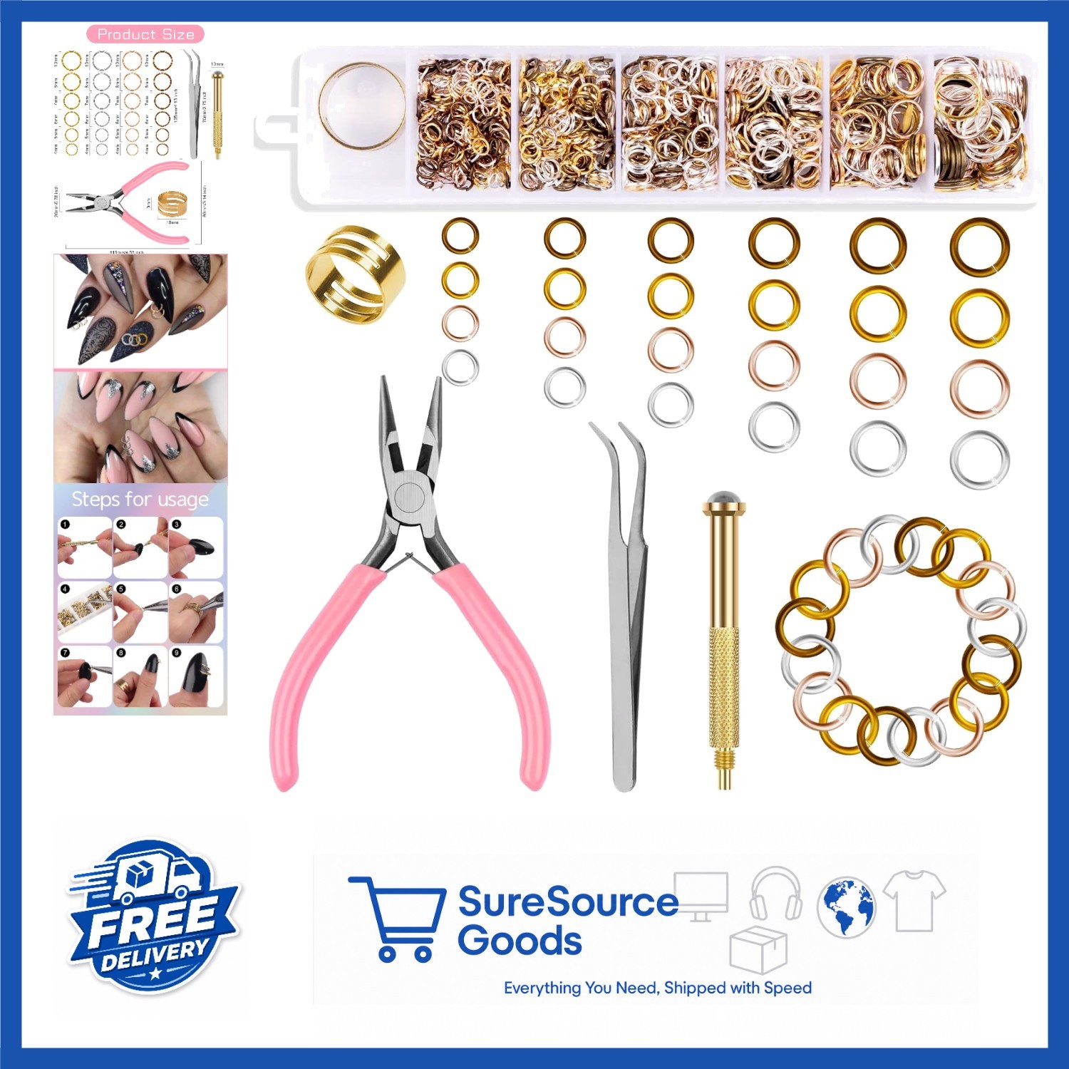 Nail Art Jewelry Making Set 1014 Pcs with Jump Rings, Pliers, Tweezers & Opener
