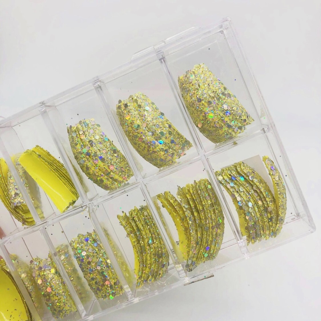 Brand New Tip Jar Fake Nail Tips – Yellow with Silver Glitter (#127)
