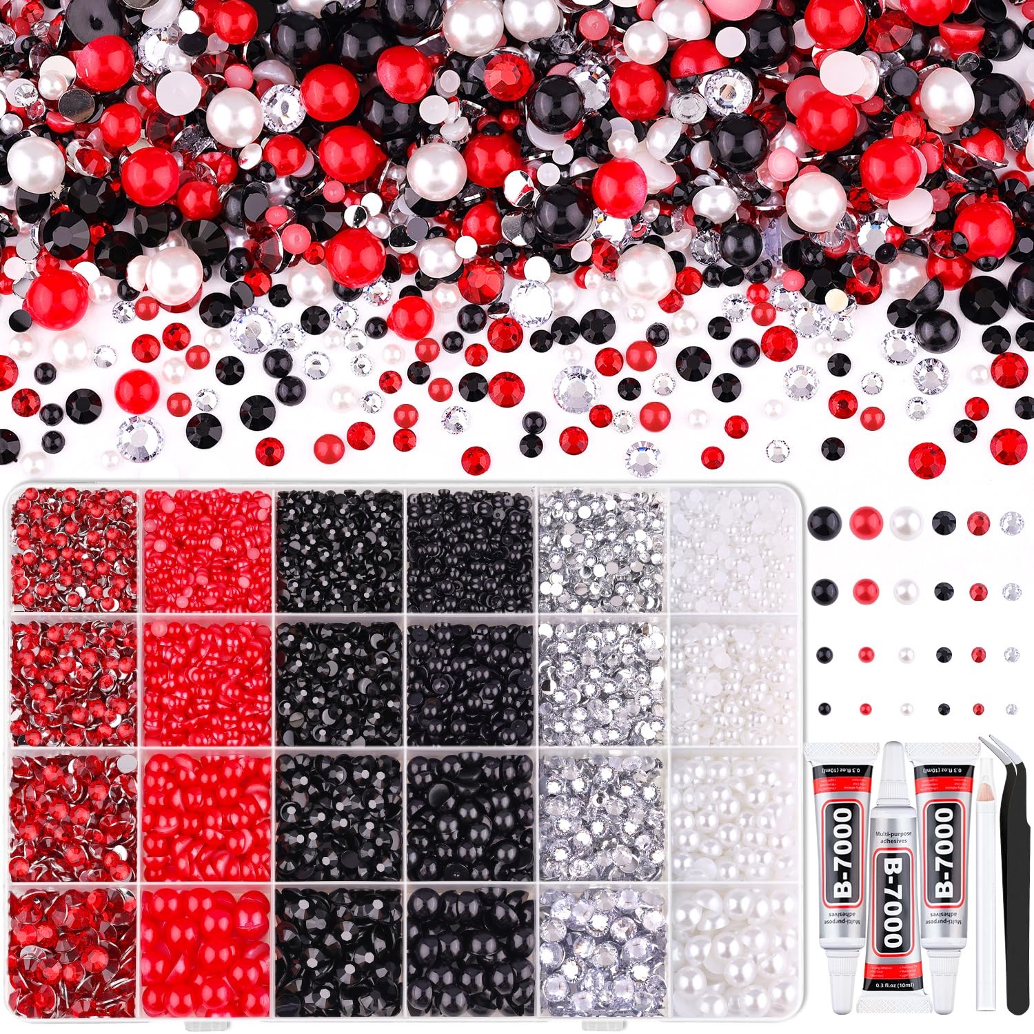 14000PCS Flatback Pearls and Rhinestones for Small, Red White Black+B7000