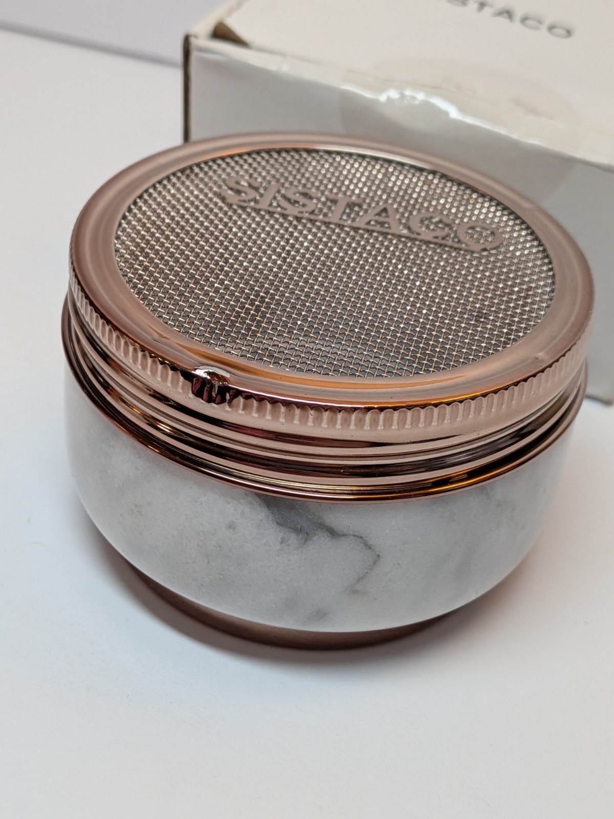 Sistaco “The Pedestal” Nail Powder Catch Tray Carrara Marble ~ New w/Flaw