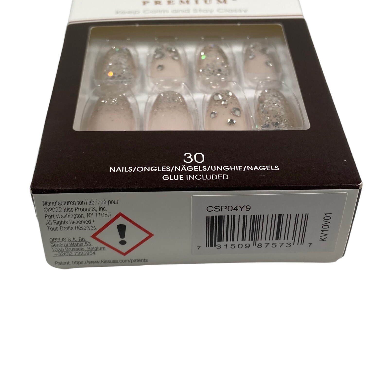 NEW Kiss Nails Classy Premium Glue Manicure Medium Coffin Silver Glitter Gems