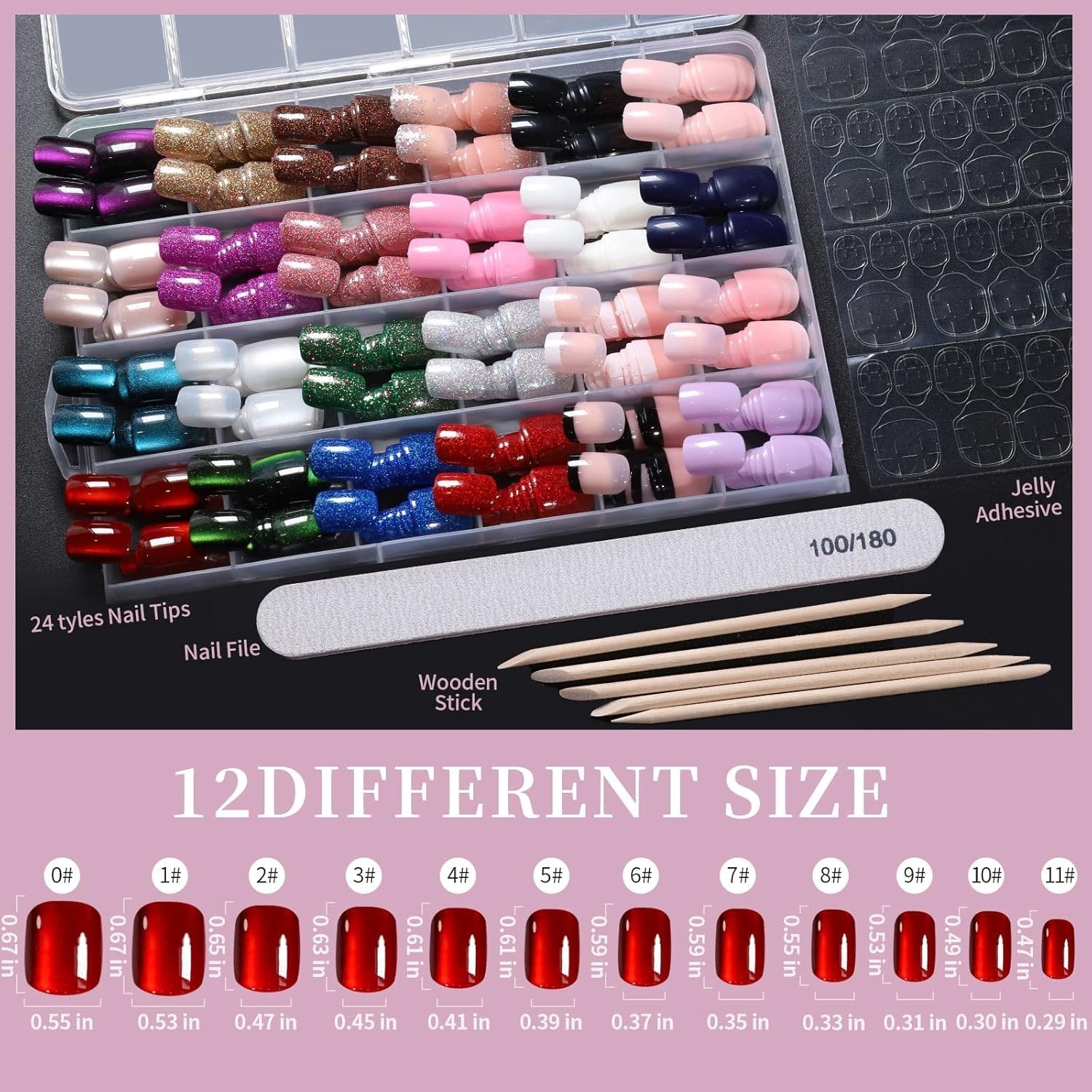 Uñas postizas cortas, 24 colores, 576 PCS. Uñas postizas cortas,Uñas cortas redo