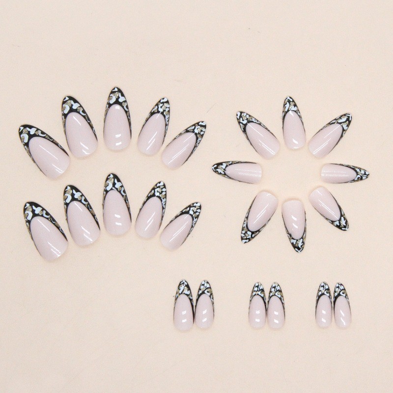 48Pcs-Nude Black Marble French Stiletto Press on Nails Gold Flake Elegant Nails
