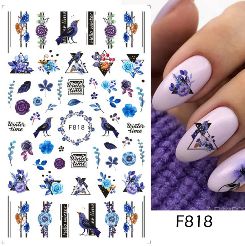 4Pcs 3D Nail Stickers Gel Polish Winter Time Geometric Lines Flower Slider NH21