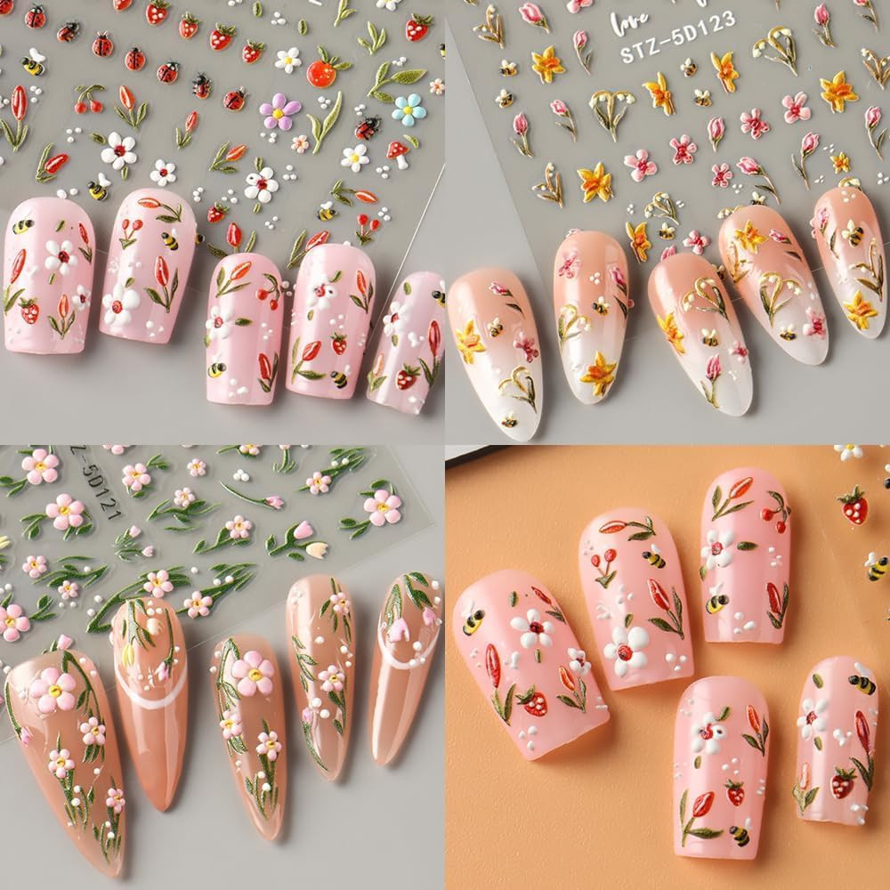 Nail Stickers for Nail Art, 5D Embossed Cute Floral Bee Ladybug Flower Nail Deca