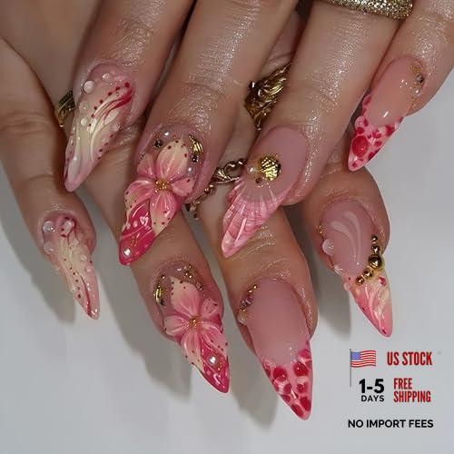 24Pcs Pink Flower Press on Nails – Long Almond French Tip – Orange