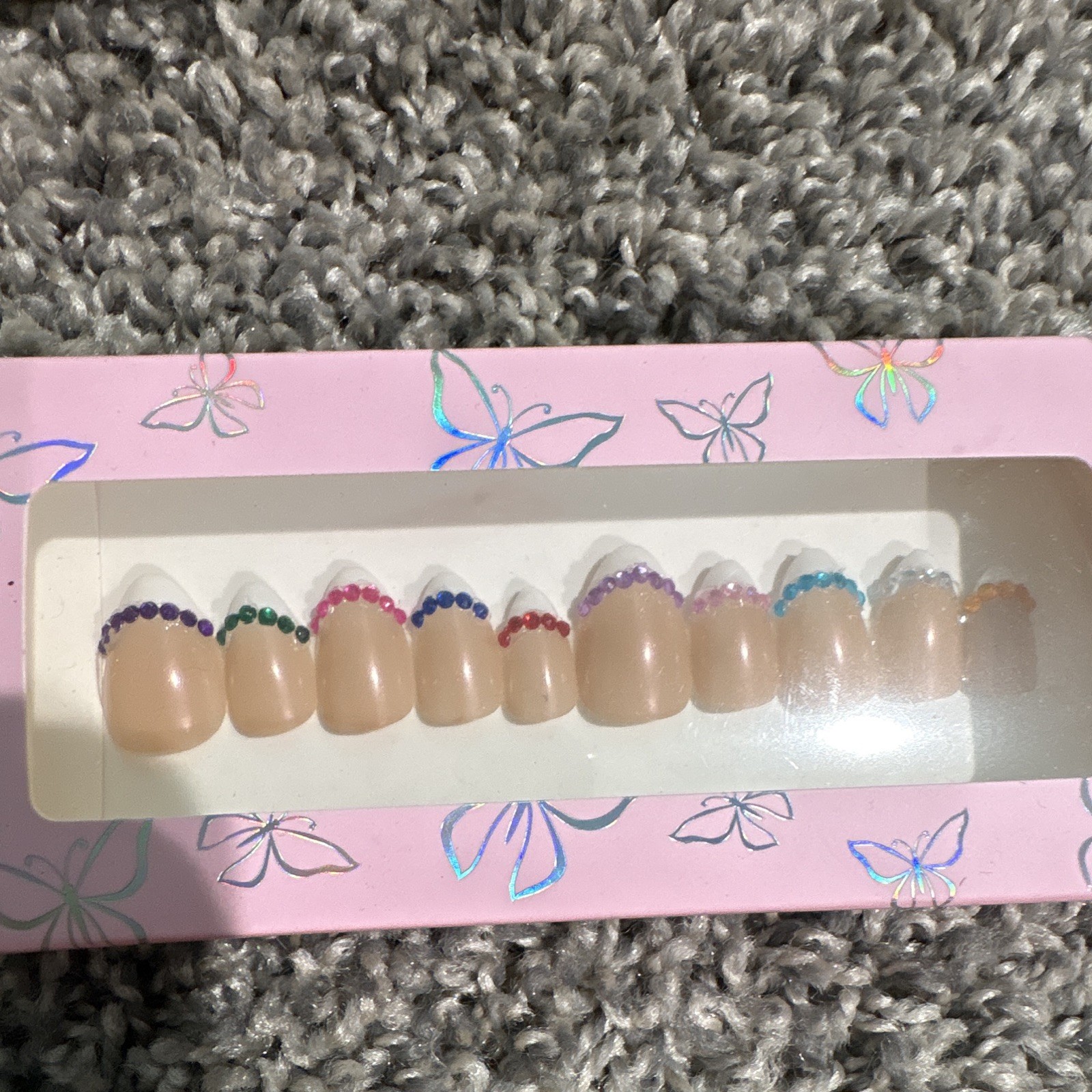 Beige White French Tip Multicolor Beads Hand painted Full Cover Short Oval