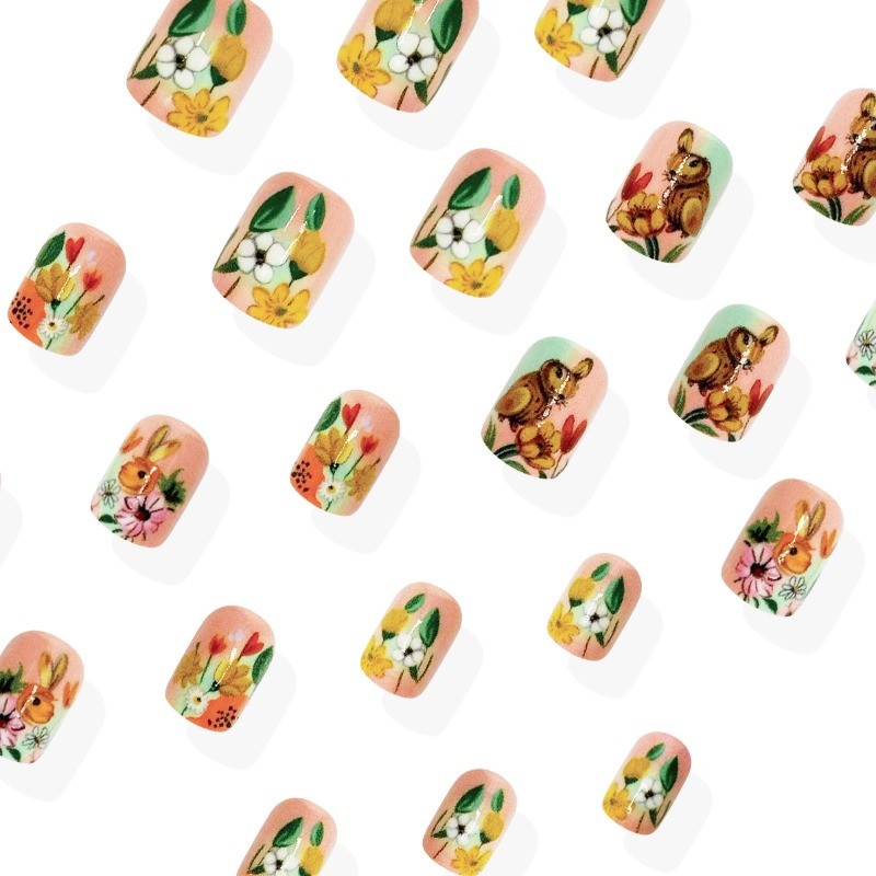 48PCS oval Easter bunny flower nail press, reusable pink fake nail art