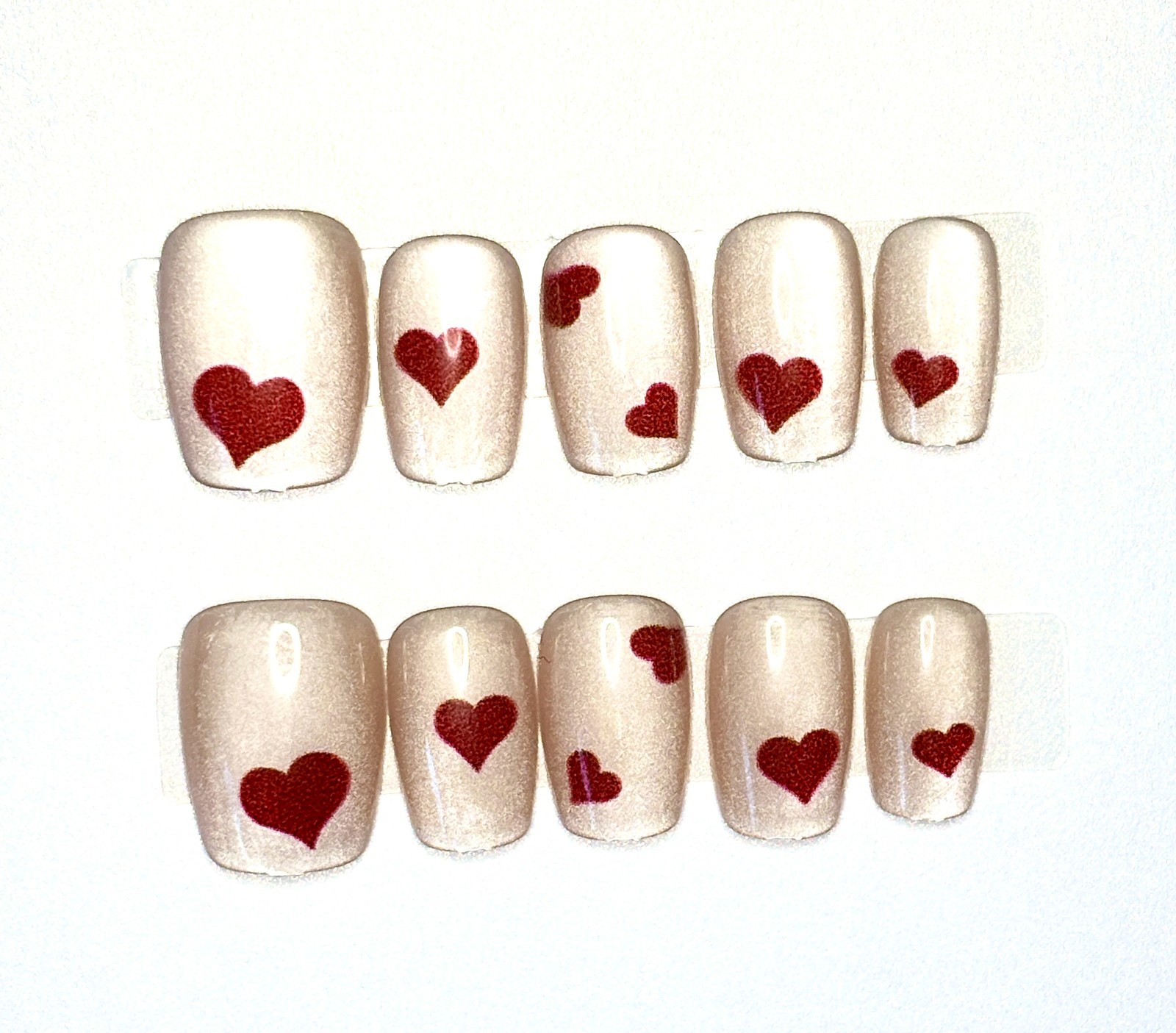 French Girl Red Heart Clear Border Press On Nails Size L Short Square Kit