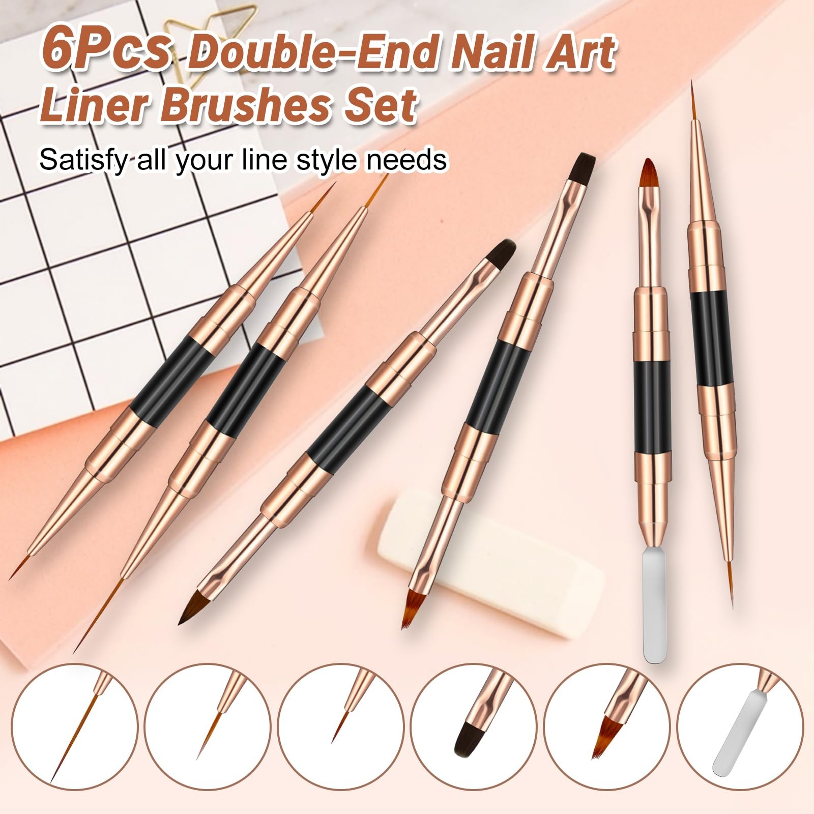 Double-Ended Acrylic Nail Art Liner Brushes, 6Pcs Gel Polish Black