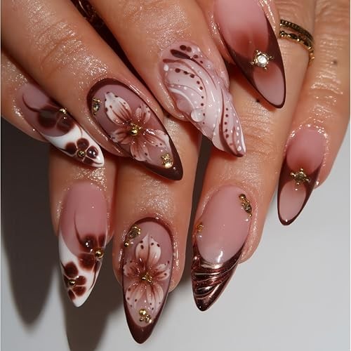 24Pcs Brown Flower Medium Almond Press on Nails Embossed Brown Hibiscus Style
