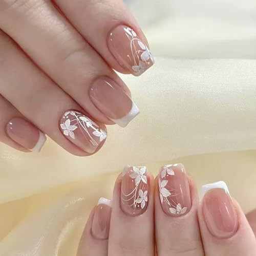 6 Packs (144 Pcs) Flower Press on Nails Short Square Fake Nails Floral Style-8