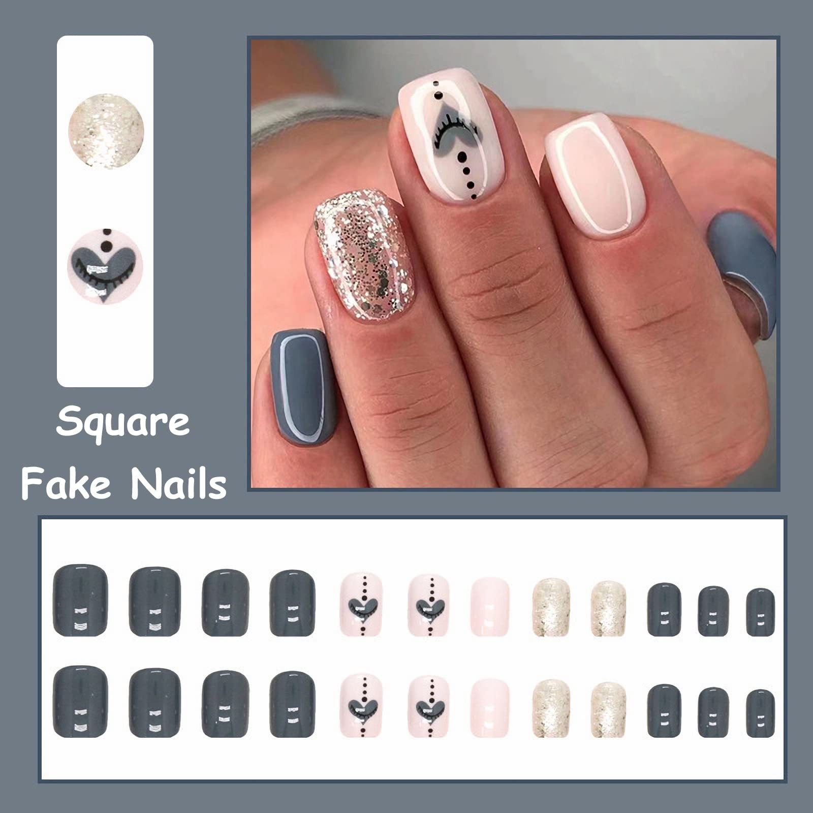 Press on Nails – Short Square Fake Nails with Gray Blue, Acrylic Bling Glitte…