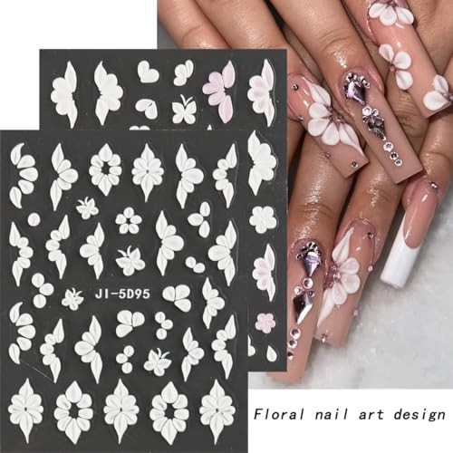 5D Embossed Flowers Nail Art Stickers, 5PCS Self-Adhesive Pink Colorful-04