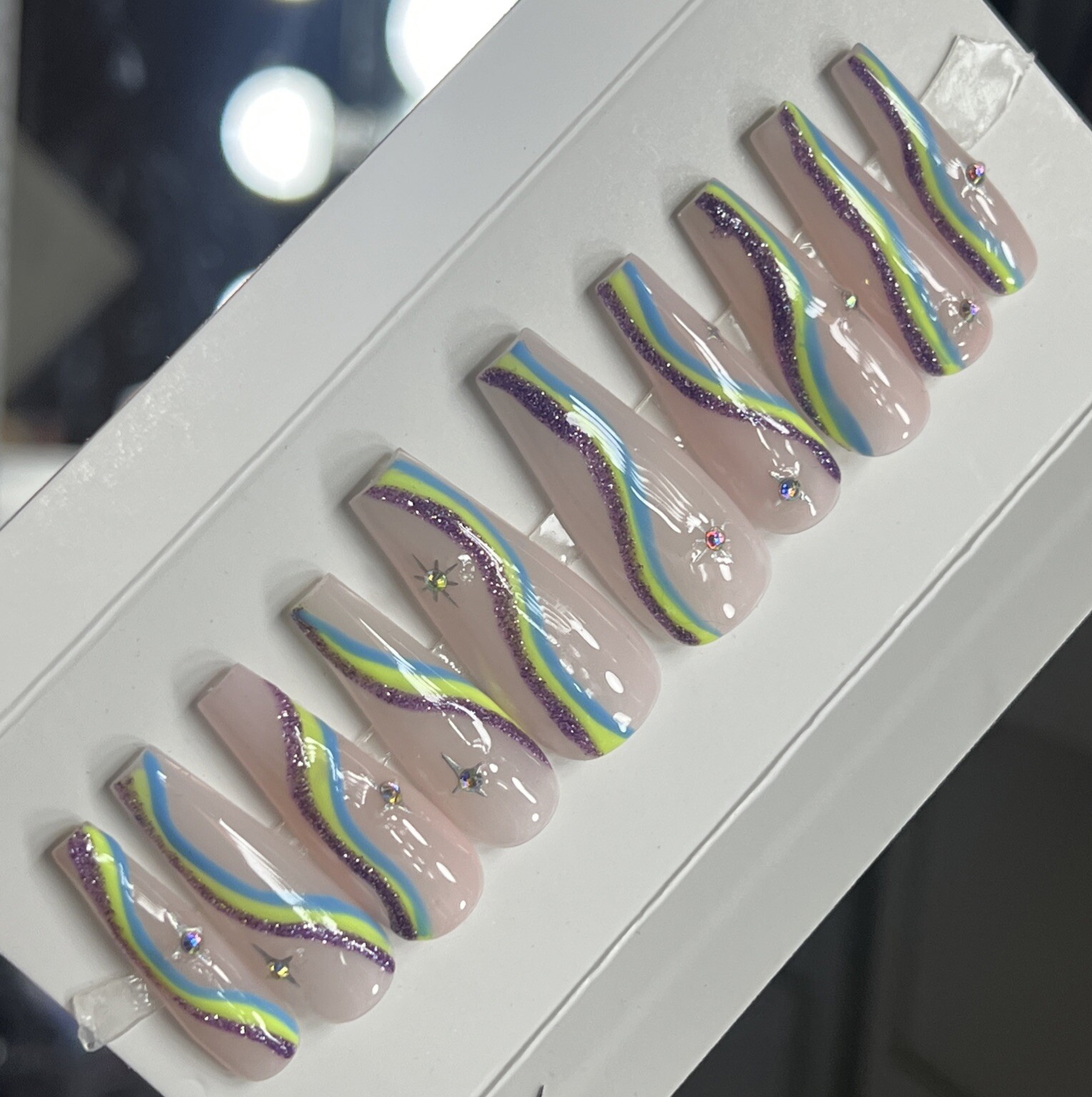 🔥CUSTOM Gel Press On False Nails, Nude W/ Bling ,Long Coffin,10p Mediun NEW