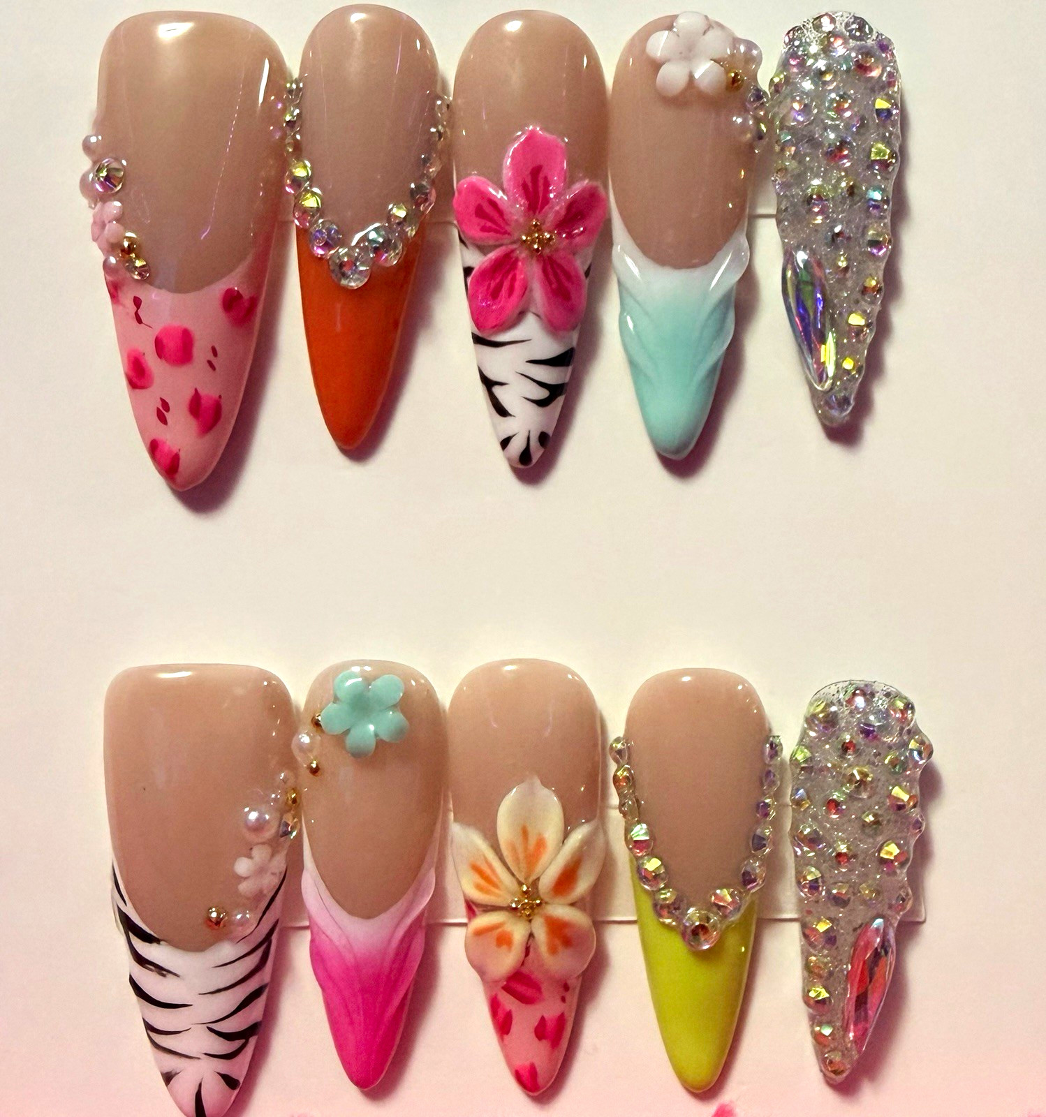 Pink/Nude/White 3D Floral Rhinestone Stiletto, size medium