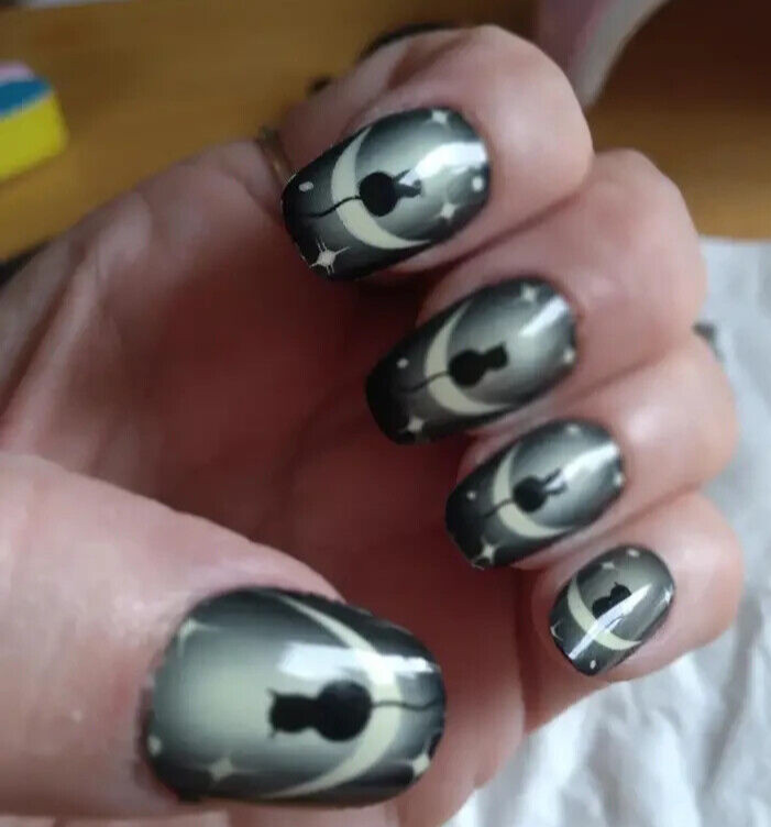 48 Pcs 2 Boxes Black Cat Moon Mystical Press On Nails Halloween Oval Almond NIB