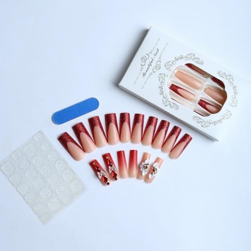Long Square Press on Nails Fake Nails Artificial Nail Stick on Red and White