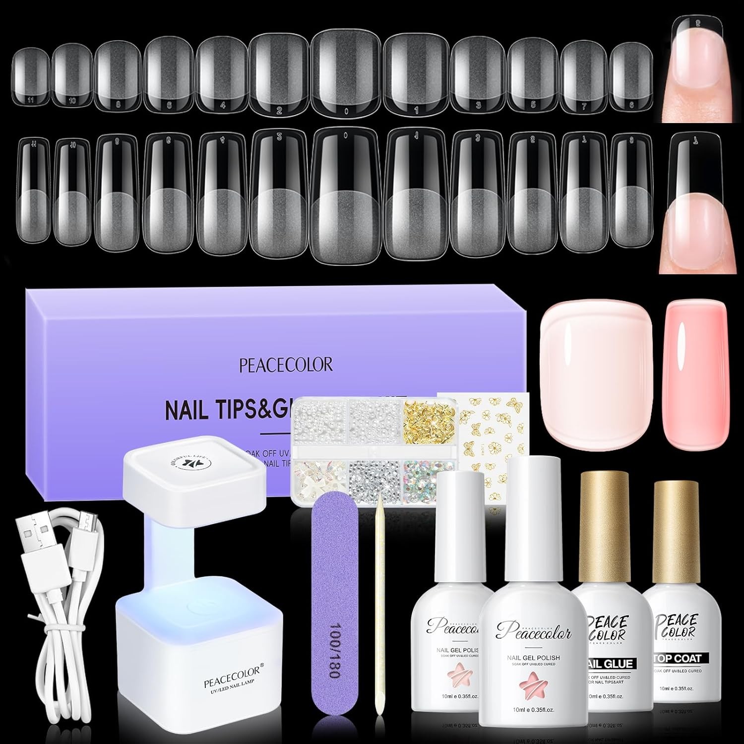 l Nail Kit, Short Medium Coffin Nail Tips with U V Lp 2