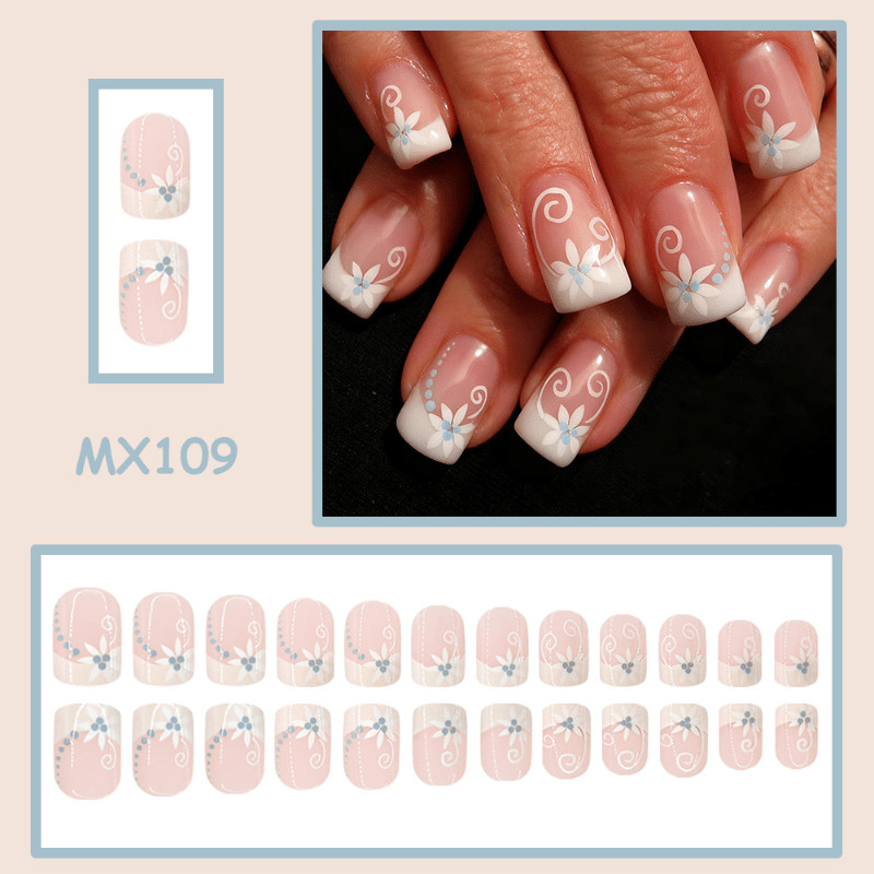 47Pcs-Short Square Nude White French White Floral Swirl Dot Fake Press on Nails