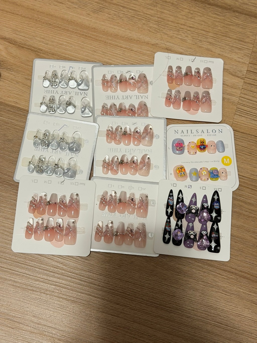 Lot of 8 Handmade Press On Nail Sets 3D Rhinestone Bow Cute Kawaii Mixed Designs