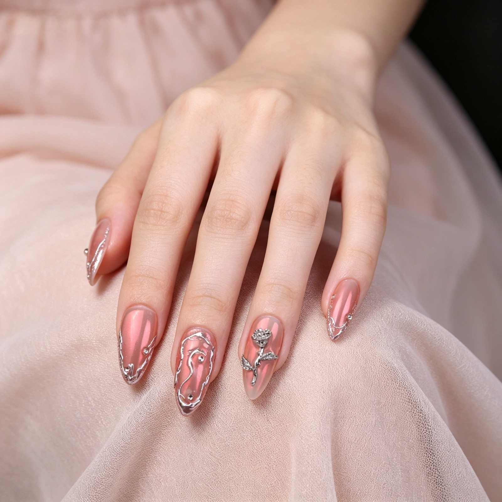 Handmade Chrome Pink Press On Nails Medium Almond 3D Metal Rose Y2K Punk Glam