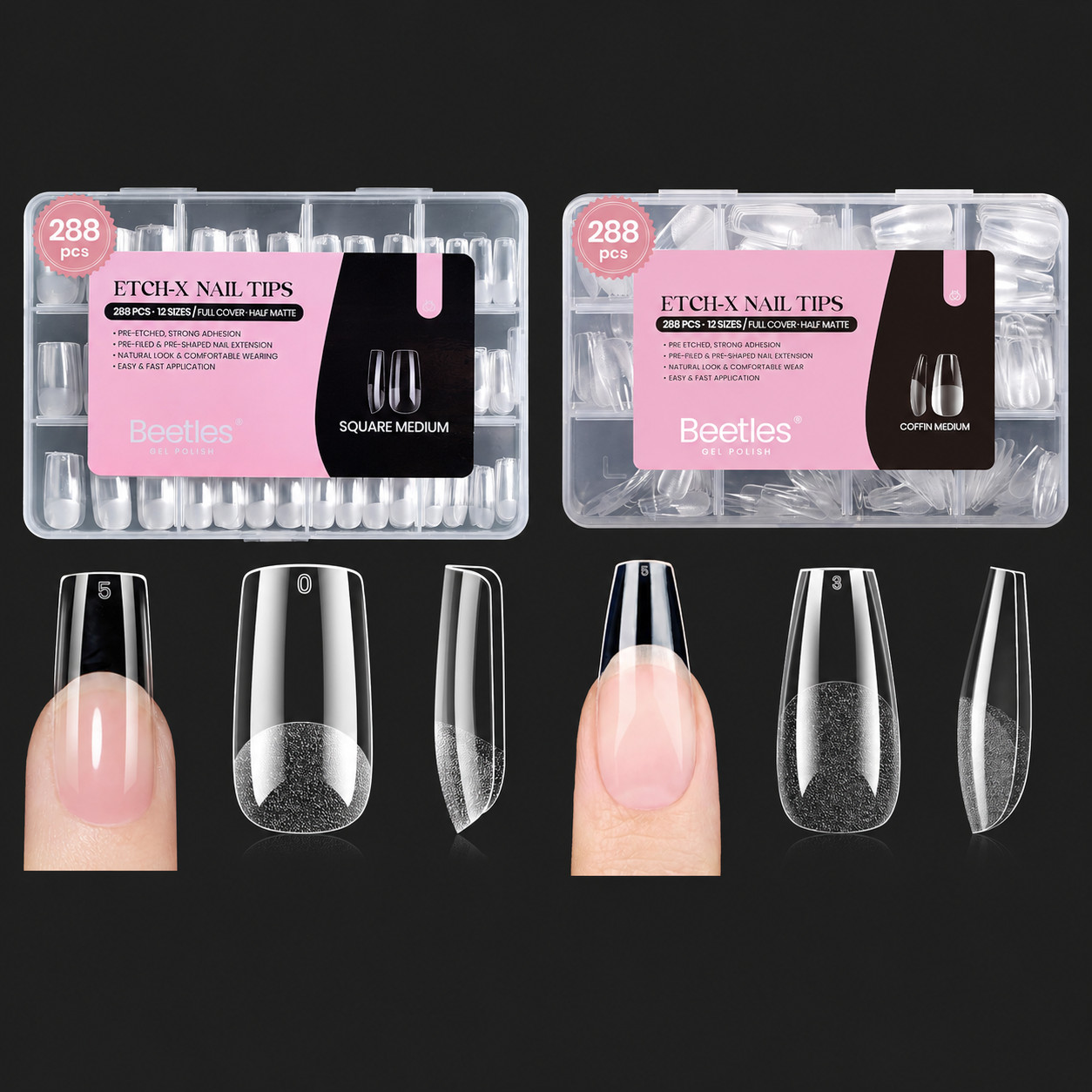 Beetles Medium and Short Coffin Gel Nail Tips Pre Etched 12 Sizes 576Pcs Kit