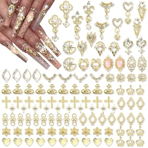 116PCS Nail Charms Luxury Nail Art Jewelry Dangle Heart Nail Gems Pearls Gold