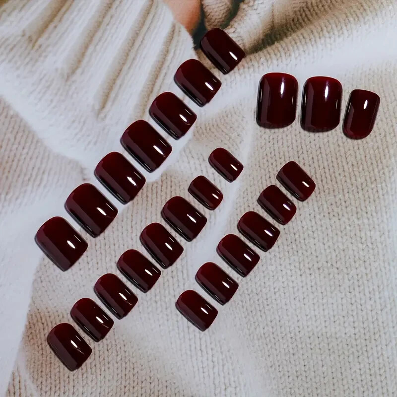 24pcs Short Square Burgundy Solid Color False Nails Classic Fashion Red