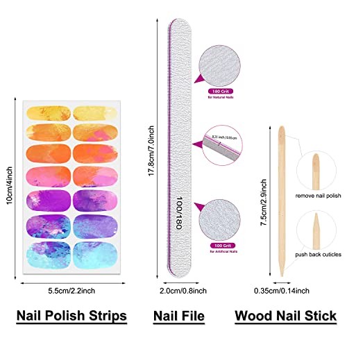 12 Sheets Nail Wraps Women’s Sticker Polish with Nail File, Rainbow Style