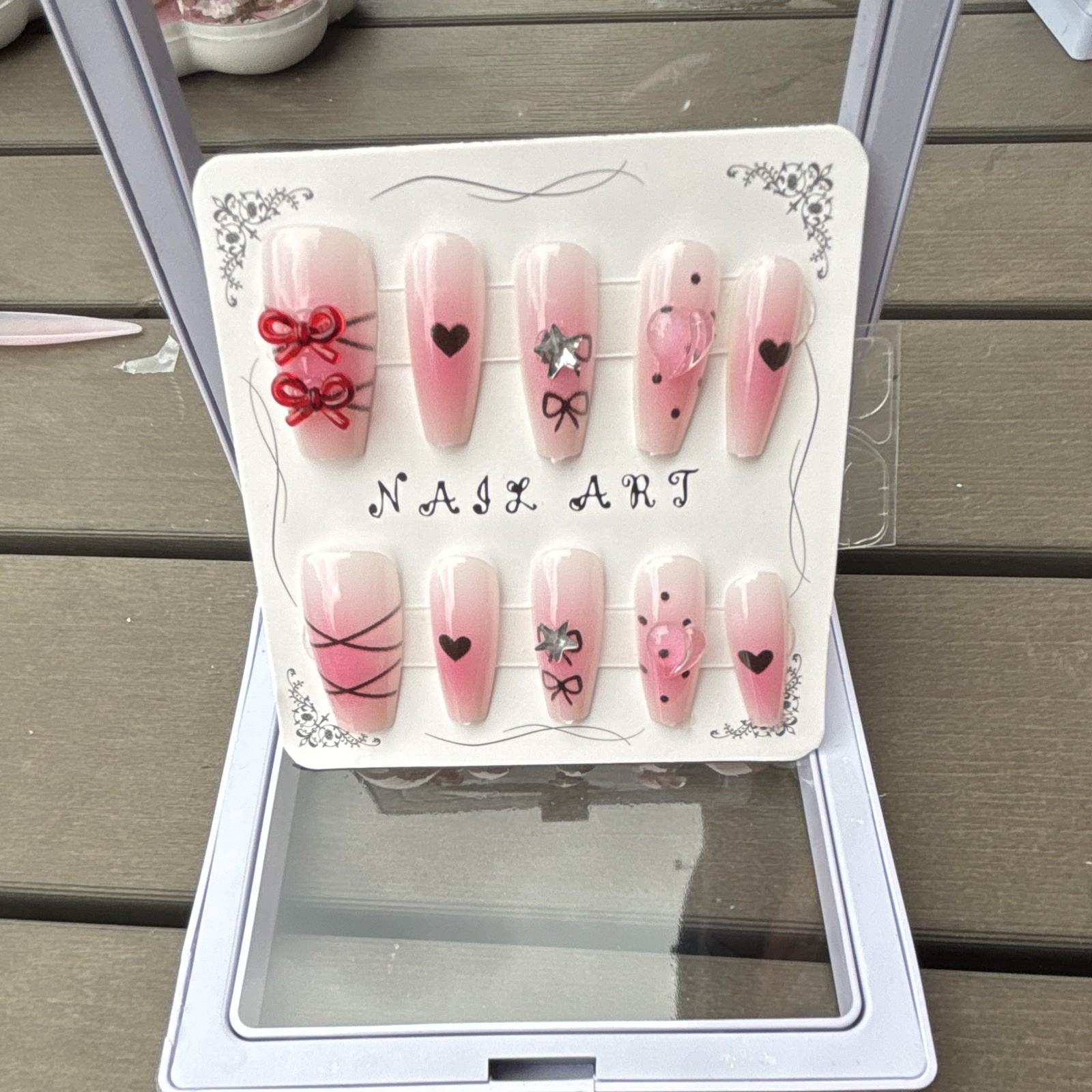 Pink/Black Press-On Nails 3D Heart Full Cover Pre-Designed Long Coffin