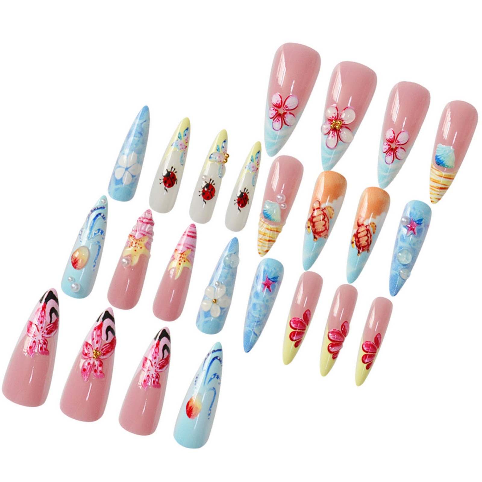 3D Ocean Almond Nails with Shell Starfish Turtle Floral Decor