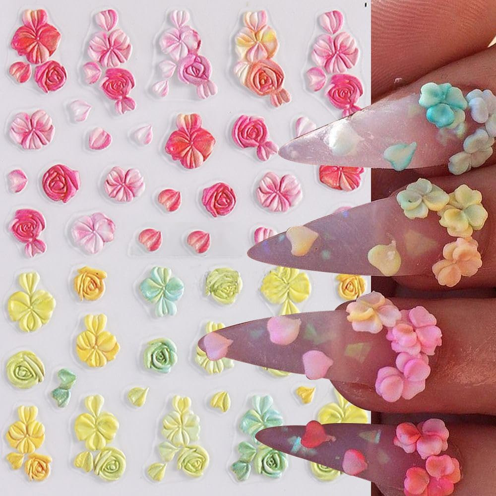 5D Embossed Flower Nail Stickers for Women Manicure Decor, 5D Acrylic Carved Flo