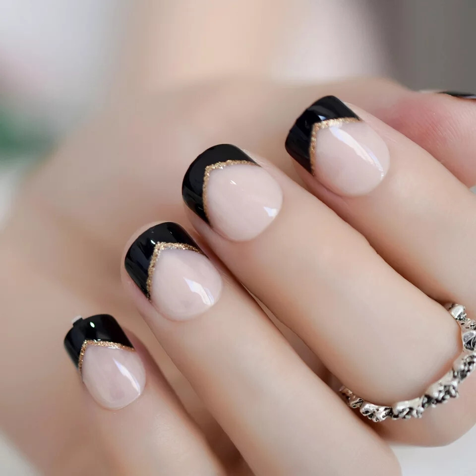 24 Short Press on nails kit w/ glue black tip french mani gold glitter line