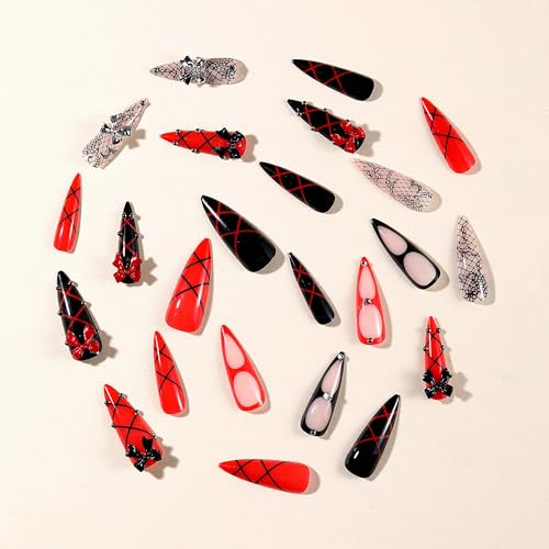 Stiletto Press on Nails Long Fake Nails Black Red Glue on Nails Bow ANS214goth