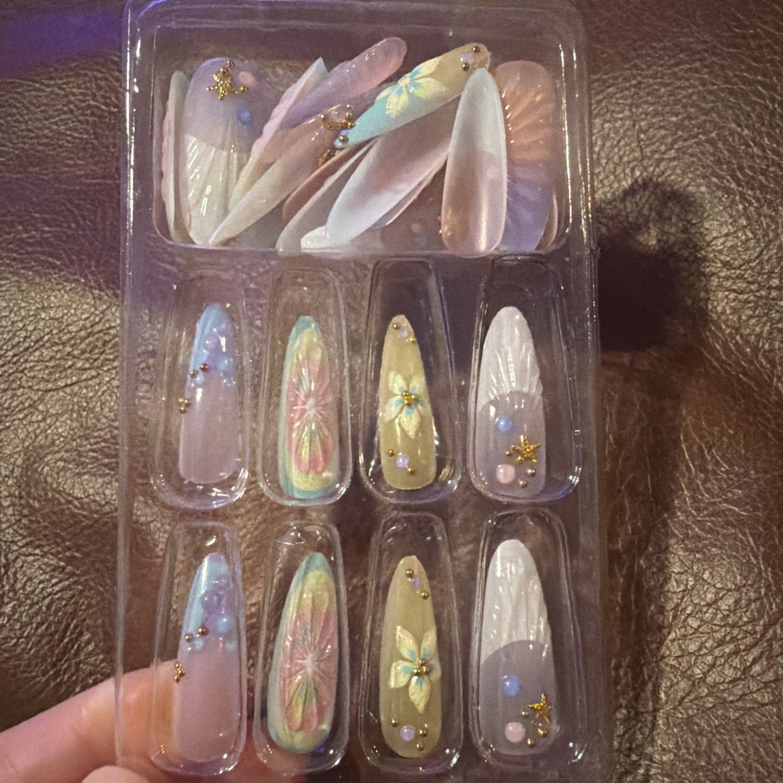 Pastel Beach Floral Press-On Nails Long Almond Summer Mermaid Nail Set