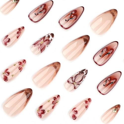 24Pcs Wine Red Cherry Press on Nails Medium Almond Fake Nails with 3D cherry