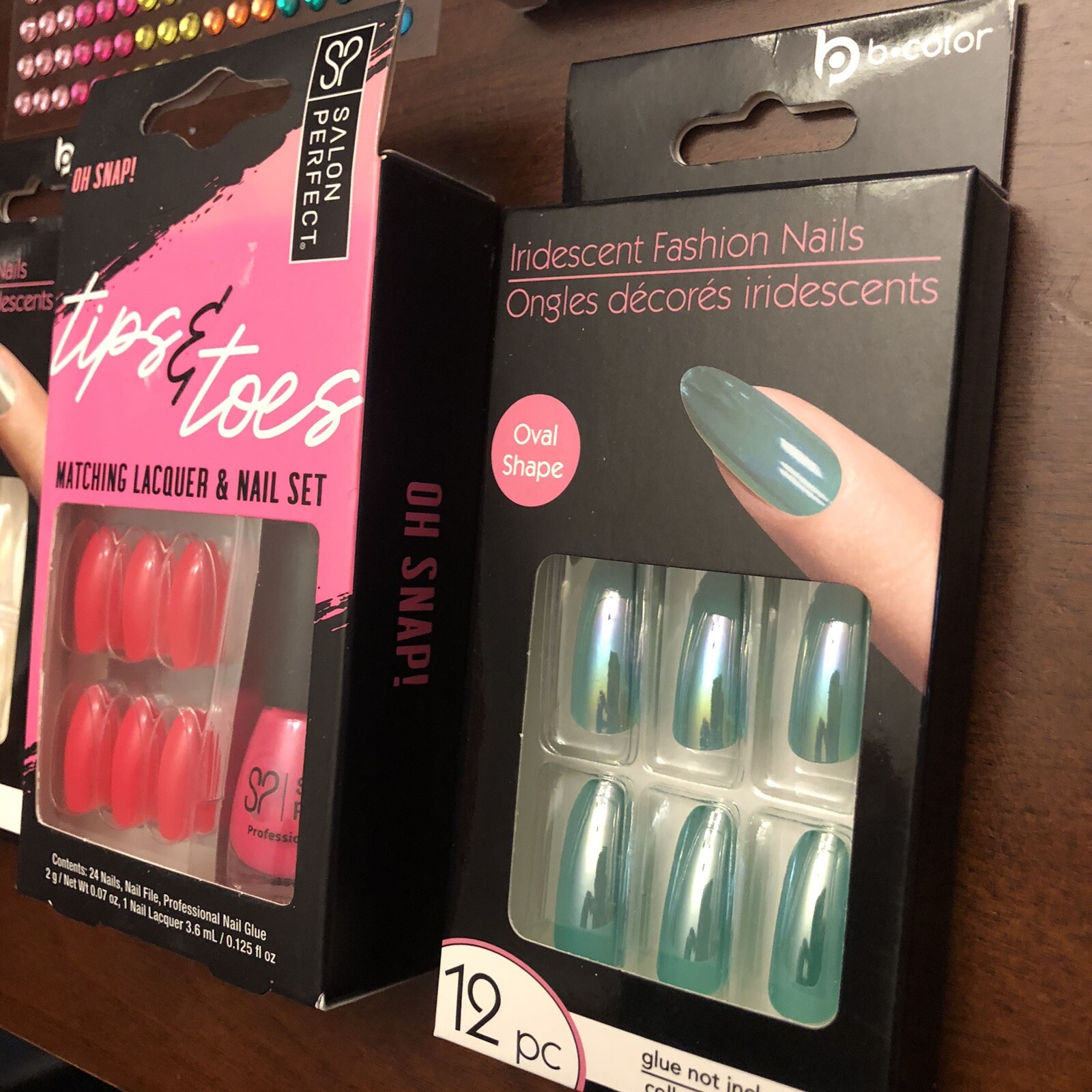 NAIL ART LOT 4 X SETS PRESS ON NAILS Polish Gems Food Miniatures Acrylic Jewels